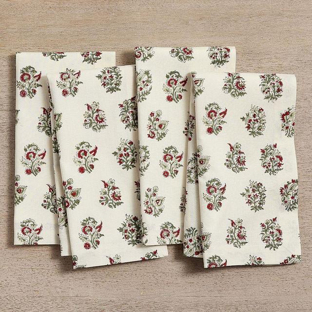 Sophia Floral Block Print Cotton Napkins, Set of 4 - Red/Green