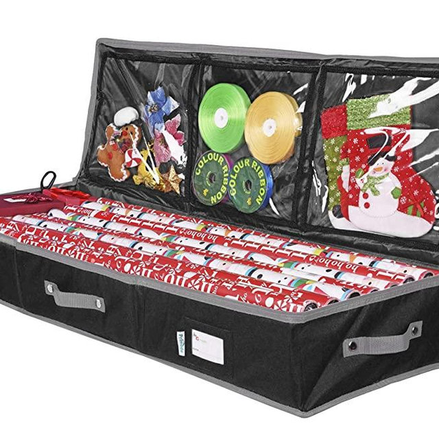 Primode Gift Wrap Storage Organizer for 40 Inch Wrapping Paper, Ribbon and Bows, 41”x 14”x 6 Wrap Storage Box Container Underbed Storage 600D Oxford Material (Black)
