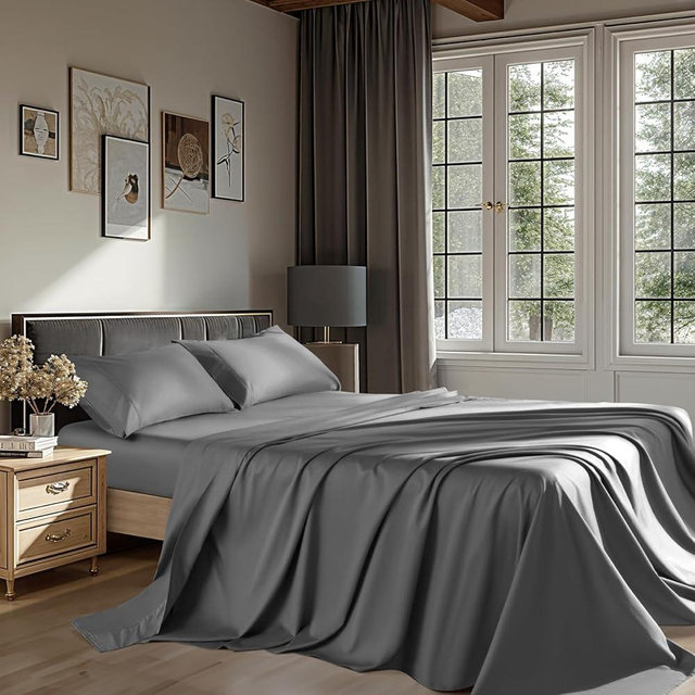 REDASW 100% Egyptian Cotton Sheet Set Queen Size 4 Pcs Bedding Sets 1200 Thread Count 16" Deep Pocket Fitted Sheet Soft Breathable All Seaon (Queen, Dark Gray)