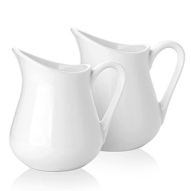 Nucookery 2 Pack (8 Oz) Classic White Fine Porcelain Creamer with Handle,Small Creamer Pitcher Set For Sauces Salad Coffee Milk More,Microwave & Freezer Safe (8-Ounce, Set/2)