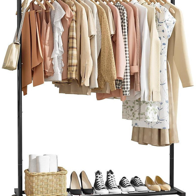 Sakugi Clothes Rack - Clothing Rack with Storage Mesh Shelf & Casters, Heavy-Duty Metal Clothing Rack for Hanging Clothes, Dresses, Coats, Large Load Capacity, Easy Assembly, Black, 44.3"x16.9"x59.0"