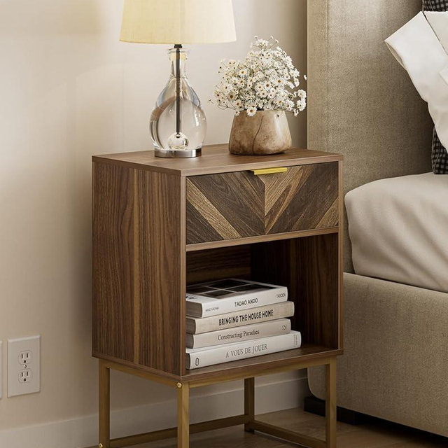 Masupu Nightstand,Modern Night Stand Boho Farmhouse Wood Bedside Table with Storage Drawer Side End Table for Bedroom,Living Room,Office,Walnut Brown