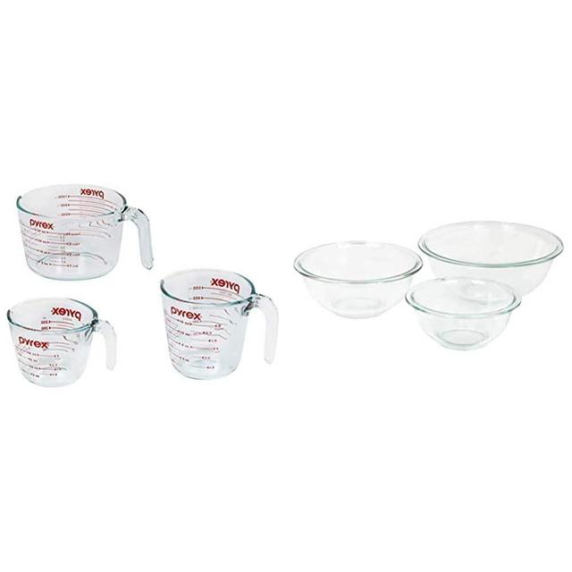 Pyrex Glass Measuring Cup Set (3-Piece, Microwave and Oven Safe),Clear & Glass Mixing Bowl Set (3-Piece Set, Nesting, Microwave and Dishwasher Safe)