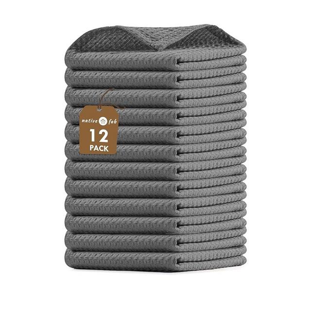 Native Fab 12 Pack Dish Cloths - 100% Cotton, Absorbent, Quick Drying, Reusable & Washable Towels for Cleaning, Cooking & Baking - Ideal for Home, Restaurants, Hotels, Cafes - 12 x 12 inches - Grey