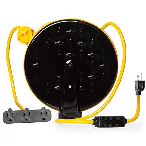 Retractable Extension Cord Reel with 3 Electrical Power Outlets - Multiple Gauges & Lengths to Choose From - Perfect for Hanging from Your Garage Ceiling (16/3 Gauge, 30ft Length - Yellow & Black)