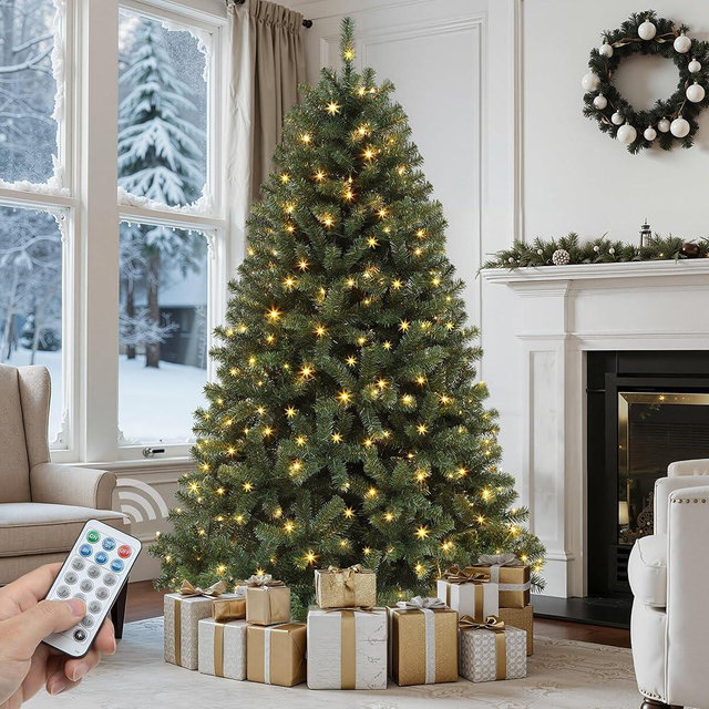 GOOBED Prelit Green Christmas Tree 6ft with Remote Control, Green Pre-Lit Spruce Hinged Artificial Christmas Tree with 1000 Tips and 250 LED Lights, 11 Light-Modes for Home, Party Decoration