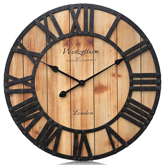 Westzytturm Wall Clock Wooden Frame，Oversized Farmhouse Vintage Style Metal Roman Numeral Silent Big Digital Mantel Clocks，for Living Room Decorative Bedrooms Home Kitchen Office（Brown 24 inch）
