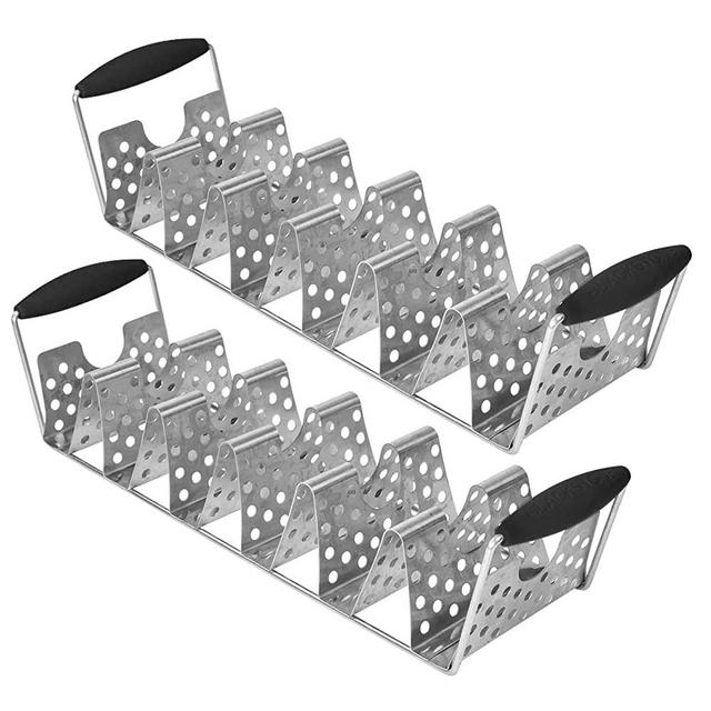 Blackstone 5551 Deluxe Holder Stand Pack of 2 Stainless Steel Racks with Heat Resistant Handles-One Tray Holds 6 Tacos-Dishwasher Safe, Black/Silver