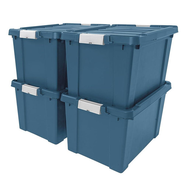 IRIS USA 20 Gallon Eco-Friendly Lockable Storage Bins with Lids, 4 Pack - Made in USA, Heavy Duty, Stackable Containers, Garage Organizing Bins Moving Tubs, Rugged Sturdy Equipment Utility Box - Navy