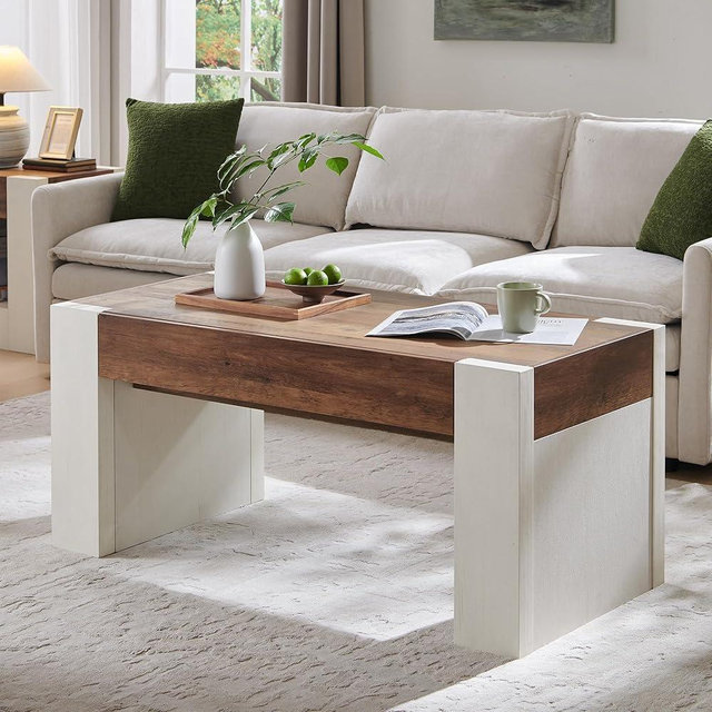 OKD 48" Modern Farmhouse Coffee Table, Wooden Living Room Table with Hidden Storage Drawer, Rustic Rectangular Center Tables with Wood Thick Design for Living Room, Office, Antique White