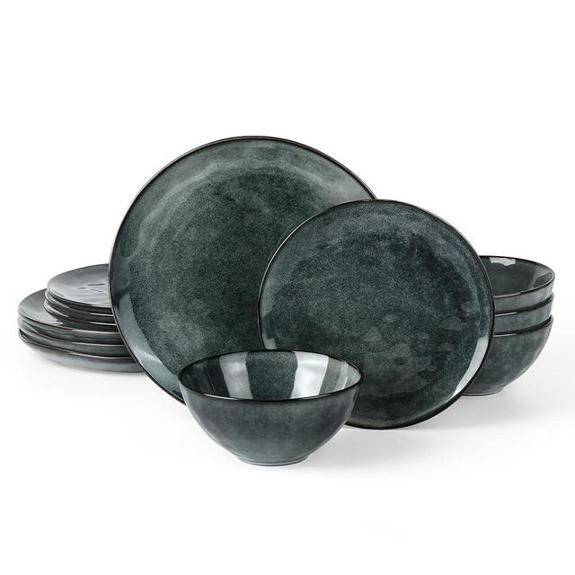 Famiware Dinnerware Sets for 4, Ocean Round 12-Piece Kitchen Plates and Bowls Sets, Reactive Glaze, Microwave and Dishwasher Safe, Scratch Resistant, Deep Forest