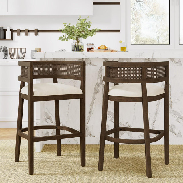 Christopher Knight Home Marie Contemporary Rubberwood Upholstered Bar Stools with Curved Rattan Back , Walnut