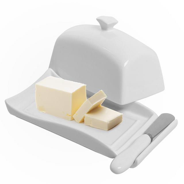 Decorative White Ceramic Lidded Butter Dish Knife Spreader Set