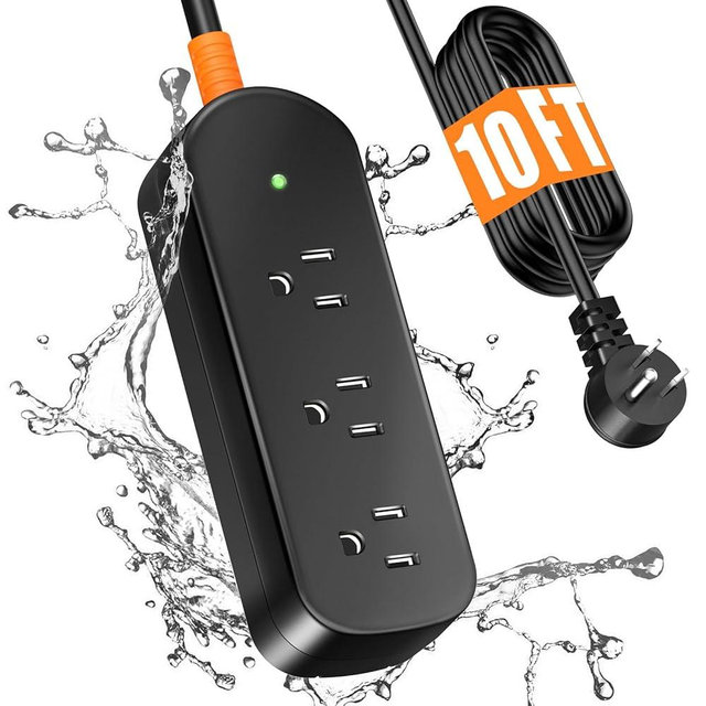 Outdoor Power Strip Weatherproof, 10FT Outdoor Extension Cord, IPX6 Waterproof Surge Protector with 3 Wide Outlets, Shockproof Overload Protection for Camping, Garden, Industrial, Home Power Strip