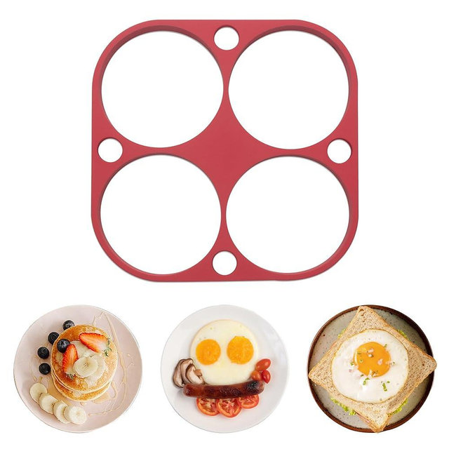 Baker's Friend 4-Round Silicone Egg Rings for Frying Eggs & Pancake, Pancake Shaper, Non-Stick & Heat-Resistant, Red