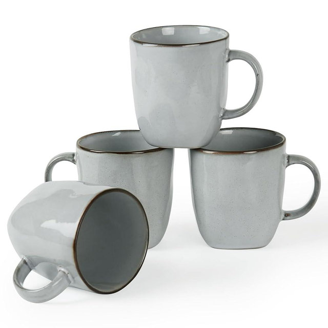 famiware Coffee Mugs Set of 4, Ocean Square 13oz Coffee Cup Set with Handle for Cocoa, Milk, Hot Chocolate, Tea, Water, Stoneware Cups for Kitchen, Reactive Glaze, Microwave and Dishwasher Safe, Grey