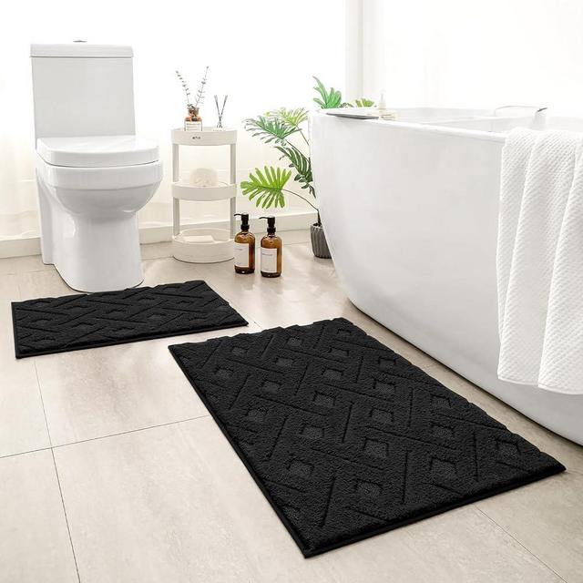 HOMEIDEAS Bathroom Rugs Sets 2 Piece, Extra Soft Shaggy Absorbent Non Slip Machine Washable Grid Bath Mats for Bathroom, Tub and Shower (Black)