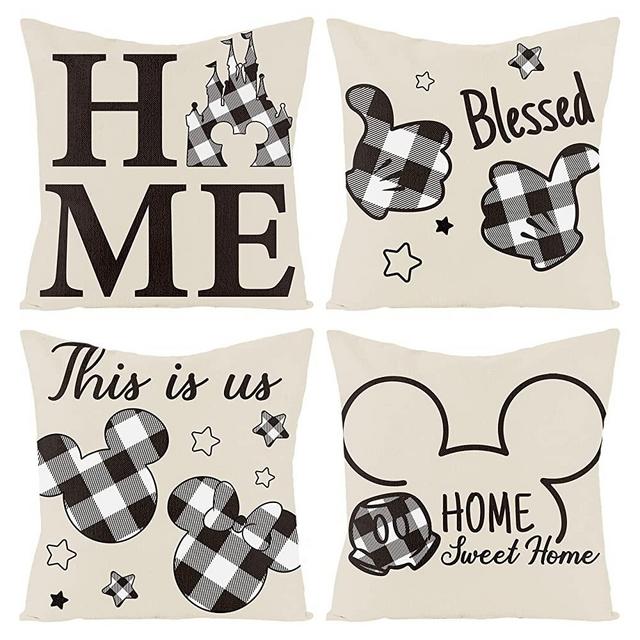 AccontOche Cartoon Red Mouse Pillow Cover Set Home Blessed Set of 4, 18x18 Inch Sweet Home Linen Throw Pillowcase Black and White Soft Square Cushion Cases for Bedroom Couch Sofa Home Farmhouse Decor