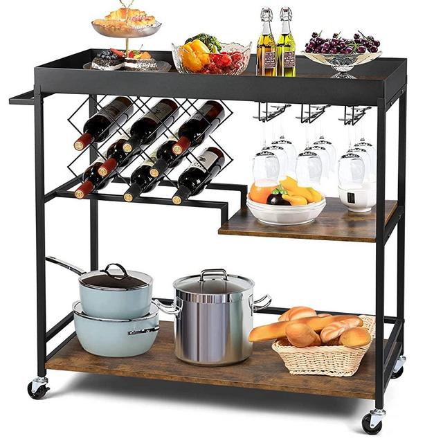 Industrial Bar Carts for Home, Mobile Bar Serving Cart with Wine Rack and Glass Holders, Wine Cart with Wheels, Rustic Brown