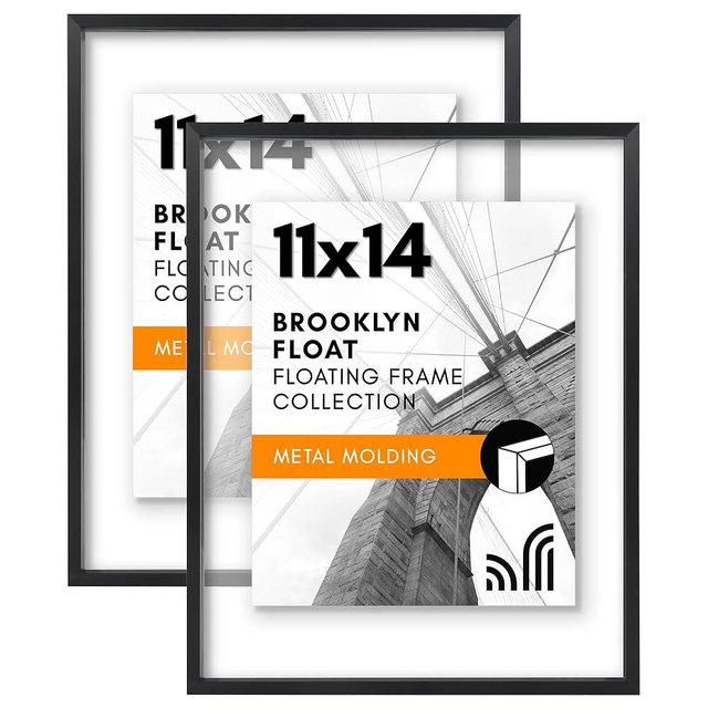 Americanflat Aluminum 11x14 Floating Picture Frame with Shatter-Resistant Glass - Set of 2 - Use as 8x10 Frame or Display 11x14 Photo - Signature Float Collection - Photo Frames for Wall - Black