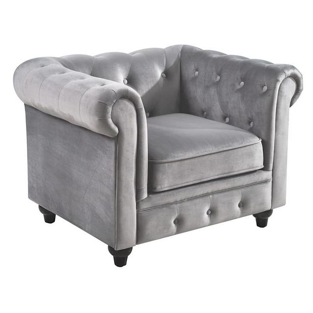 Chesterfield Tufted Grey Velvet Rolled Arm Chair