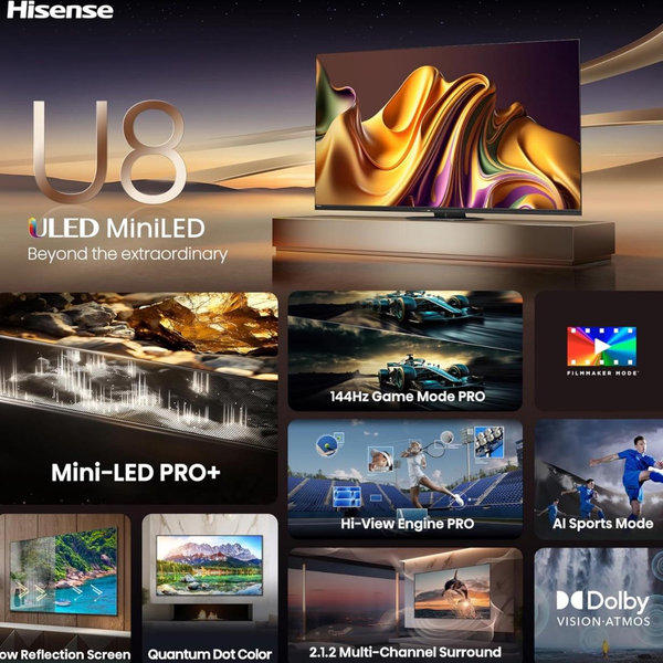 Hisense 75-Inch Class U8 Series Mini-LED ULED 4K UHD Google Smart TV (75U8N, 2024 Model) - QLED, Native 144Hz, Full Array Local Dimming, Game Mode Pro, Alexa Compatibility