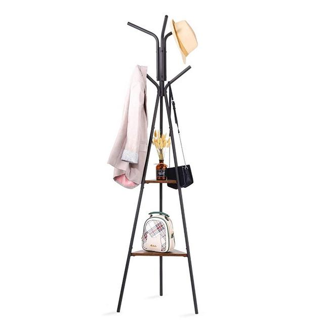 HOUSE DAY Entryway Coat Rack Stand Metal Coat Tree with 2 Shelves, Premium Coat Holder for Clothes, Hat, Bag, Purse, Umbrella, Vintage Style