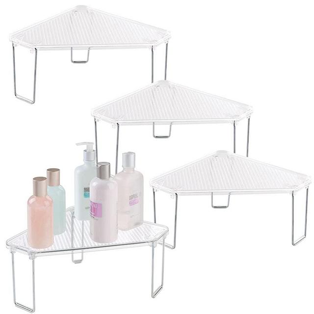 mDesign Corner Plastic/Metal Freestanding Stackable Organizer Shelf for Bathroom Vanity Countertop or Cabinet for Storing Cosmetics, Toiletries, Facial Wipes, Tissues, 4 Pack - Clear/Chrome