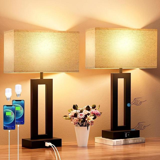 Nightstand Table Lamps for Bedrooms Set of 2 - Touch Bedside Lamp with USB C+A, 3 Way Dimmable Living Room Lamps for End Tables Set of 2, Modern Night Stand Lamps for Bed Side Guest Room