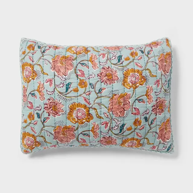 Standard Earthy Vines Quilt Sham Light Teal Blue/Mustard Yellow/Light Pink Floral - Threshold™: Cotton Voile, OEKO-TEX Certified