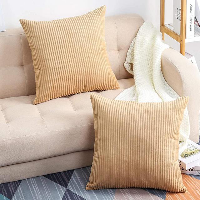 TangDepot, Set of 2 Solid Velvet Striped Corduroy Decorative Throw Pillow Covers, Square Pillow Covers - (20"x20" 2 Pieces, A19 Khaki)