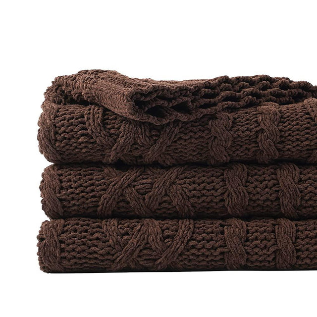 Battilo Brown Knit Throw Blanket for Couch, Chenille Throw Blankets for Bed Outdoor, Warm Decorative Couch Blanket, 50"x60"