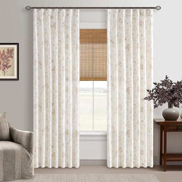 Vintage Floral Linen Curtains Pinch Pleated for Living Room 84 Inches Long Coffee Beige Tan Peony Flower Printed Patterned Curtain Farmhouse Country Light Filtering Pinch Pleat Drapes Bedroom Dining