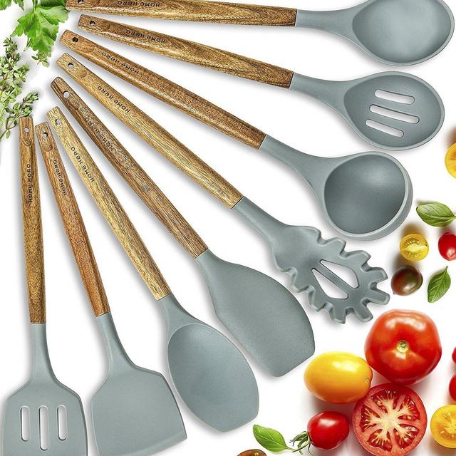 Silicone Cooking Utensils Kitchen Utensil Set - 8 Natural Acacia Wooden Silicone Kitchen Utensils