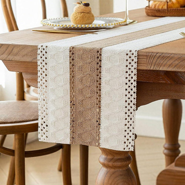 FEXIA Boho Table Runner for Home Decor with Out Tassels 90 Inches Long Farmhouse Rustic Table Runner Macrame Burlap Table Decoration for Living Room Bridal Shower(12x90 Inches)
