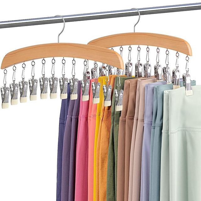 Leggings Hanger Organizer, MEILIDY 2 Packs Closet Wooden Leggings Hangers with 24 Clips Space Saving Pants Clip Hangers with 360° Swivel Hook for Shorts Skirts Scarves Hats Tanks - Burlywood