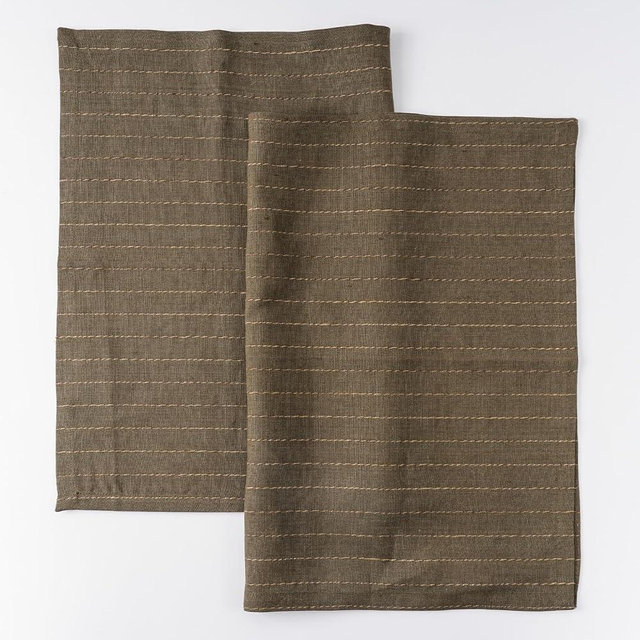 HSOFTIFY 100% Pure Linen Kitchen Towels Set of 2 - French Stripe Design 18 x 24 Inch Dish Hand Towels - Handcrafted from Flax Linen Tea Towels- Green