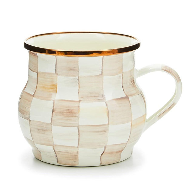 MACKENZIE-CHILDS Enamel Mug, Cute Enamelware Coffee and Tea Mug, Unique Drinkware, 16 Ounces, Brown-and-White Mocha Check, Set of 1