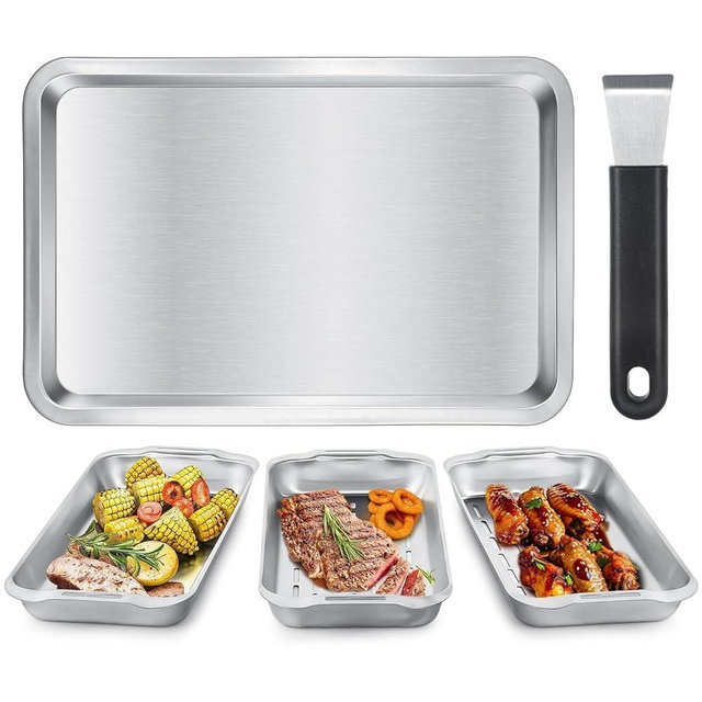 Grill Basket Set, 3-Piece Stainless Steel Grill Topper Pans for Outdoor Grill with BBQ Prep Tray, Grilling Baskets Barbecue Accessories for Vegetables, Fish, Meat, and Seafood