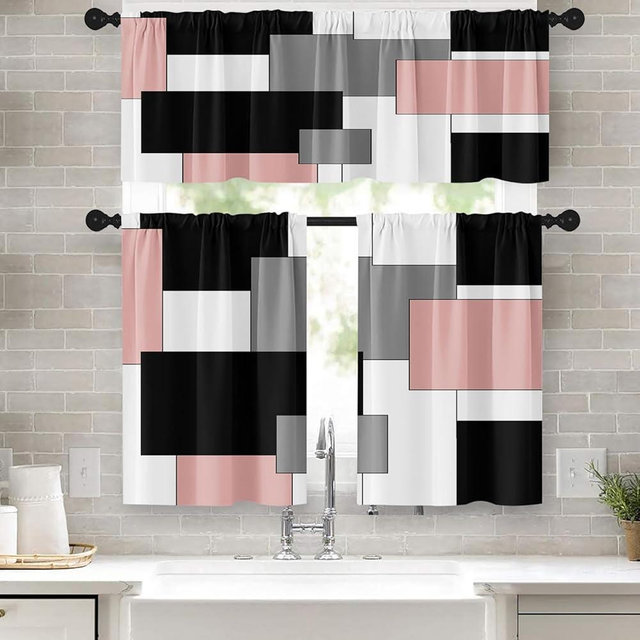 Tayney Pink Kitchen Window Curtains Valance and Tier Set 36 Inch, Black Grey White Modern Rod Pocket Short Tier Curtain for Bathroom, Abstract Art Small Cafe Drapes for Decor