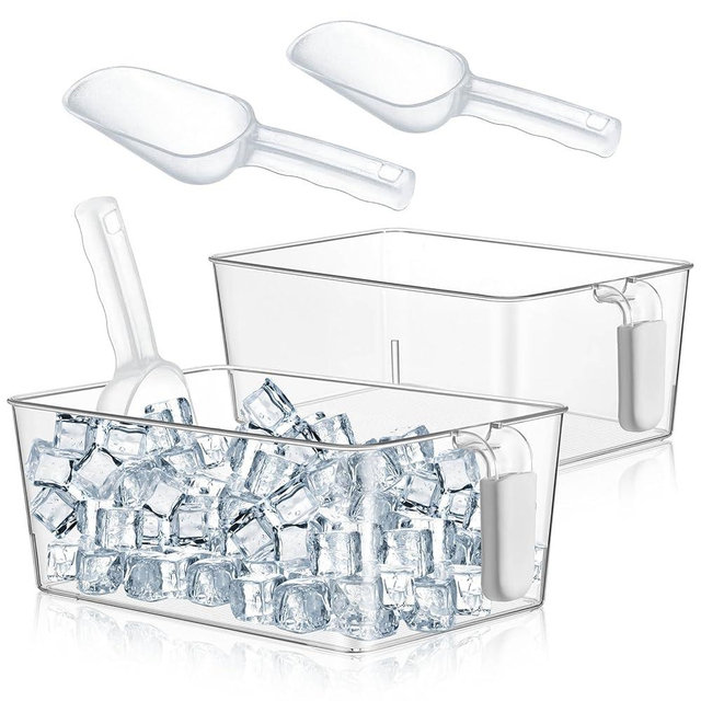 Havawish 2 Set Ice Bin and Flexible Scoop Set Plastic Freezer Ice Bin with Pull out Handle Clear Ice Storage Ice Bucket for Freezer Ice Container with Ice Bucket Scoop Kitchen (10.83 x 7 x 4.33 in)