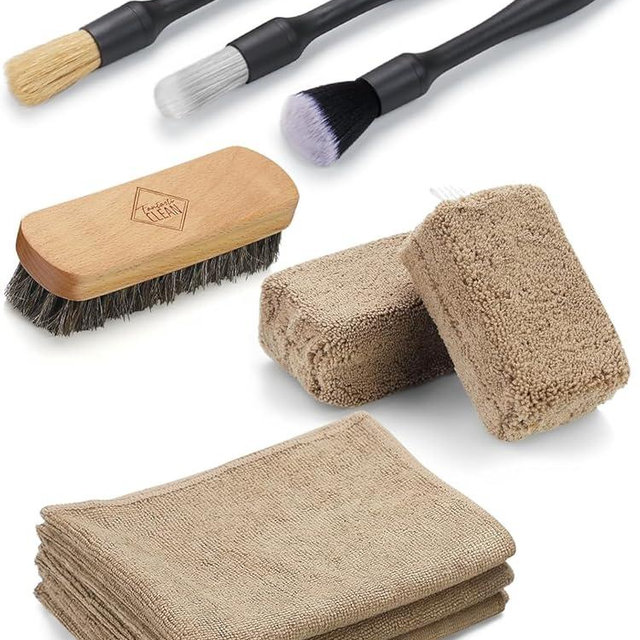 Fantasticlean 9PCS Car Interior Detailing Set, Microfiber Cloth & Applicator, Single-Head Detailing Brushes, Natural Bristles, Scratch-Free & Ultra-Soft for Seats Leather Care or Cleaning