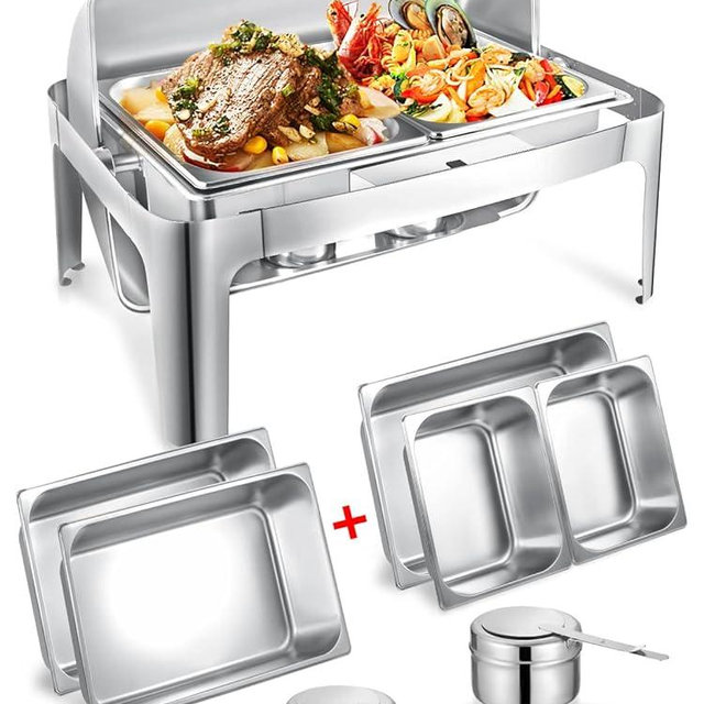 Granvell Rectangular Roll Top Chafing Dish Buffet Set, Catering Food Warmer for Parties, Wedding, Birthday, Christmas, 1 Full Size & 2 Half-Size Chafing Server Dish, 14QT Water Pan