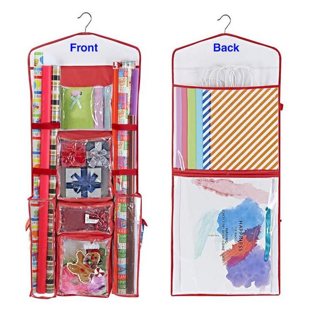 ProPik Hanging Double Sided Wrapping Paper Storage Organizer with Multiple Pockets Organize Your Gift Wrap, Gift Bags Bows Ribbons 40"X17"Fits 40 Inch Rolls Red White and Clear PVC Bag (Red)