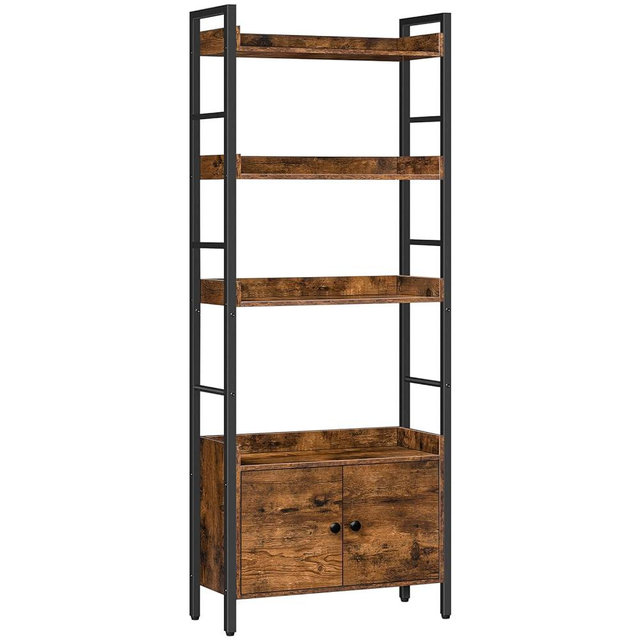 HOOBRO 4-Tier Bookshelf with Doors, Industrial Wooden Bookcase with Storage, Storage Shelf with Protective Rails, for Living Room, Home Office, Rustic Brown and Black BF46SJ01