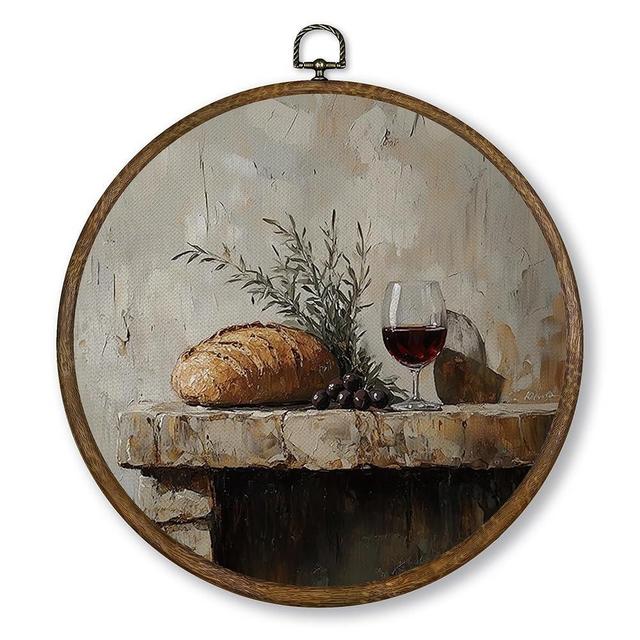 Qskjre Vintage Bread Wine Kitchen Wall Art Decor, Country Still Life Food Round Wood Framed Canvas Wall Artwork, Farmhouse Cottage Core Hanging Prints for Living Room Bedroom Decorations 10"x10"