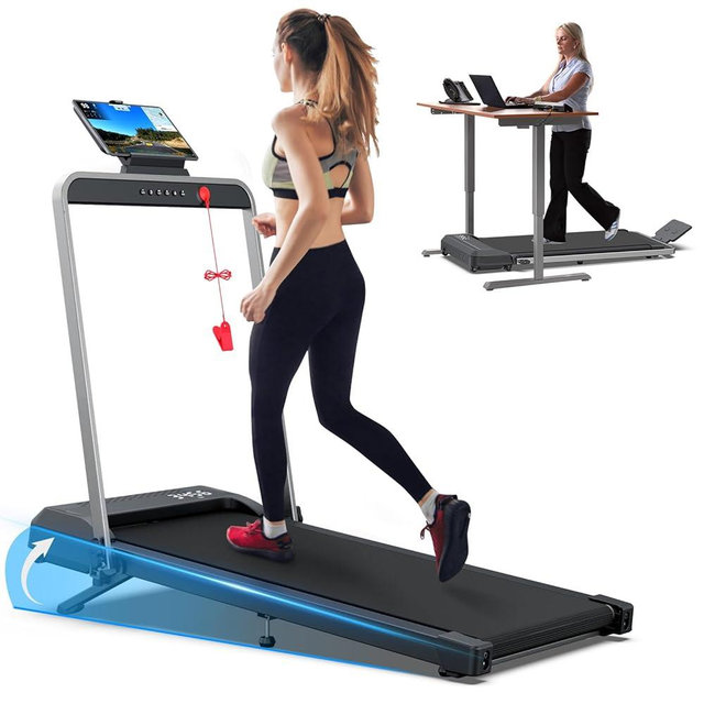 WELLFIT Folding Treadmills with Incline, Under Desk Walking Pad, Treadmill for Home Office with Handle Bar, 4 in 1 Smart Treadmill Work with KINOMAP Easy Move Upright Place, Manual Auto Incline Option