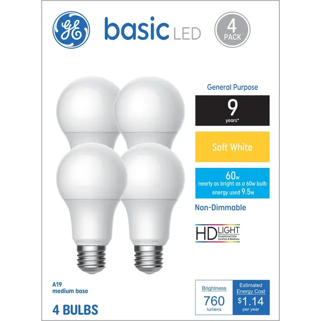 GE 4pk 60W Basic A19 LED Light Bulbs Soft White: 9.5W Energy Efficient, 760 Lumens, E26 Base, 2700K, 9.1-Year Lifespan