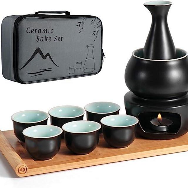 Dltsli Ceramic Sake Set with Warmer Pot Bamboo Tray, Stovetop Porcelain Pottery Hot Saki Drink Bottle, 10pcs Set 1 Stove 1 Warming Bowl 1 Sake Bottle 1 Tray 6 Cup Keep Sake Storage Gift Box (Black)