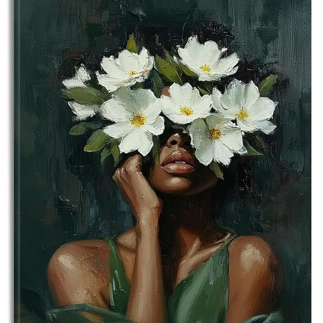 HVEST African American Women Wall Art Black Girl and White Floral on Green Abstract Canvas Wall Art Modern Aesthetic Black Woman Wall Decor for Bedroom Living Room Dorm Bathroom Decor,16L X 12W inches